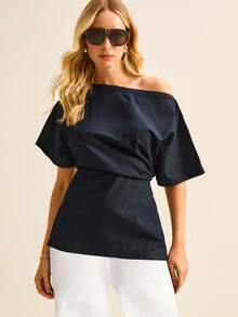 Daynim 女式休闲不对称领收腰牛仔衬衫 - 深色水洗藍 - 查看 5