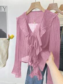 INAWLY French V-Neck Pleated Ruffle Tie Blouse - Pink - View 3