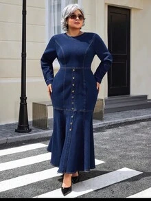 EMERY ROSE 大码休闲街头风格女式束腰长袖牛仔连衣裙 - 深色水洗藍 - 查看 1