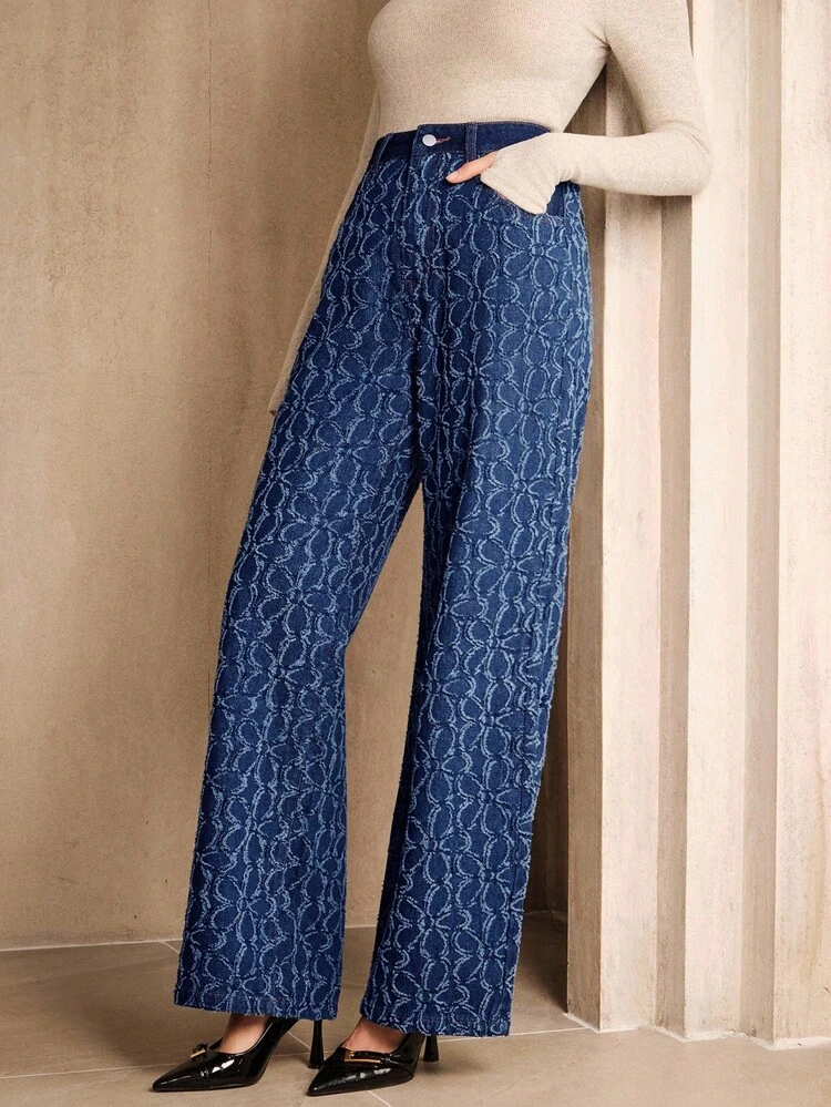Women's New Jacquard Fabric Blue Denim Straight Leg Pants