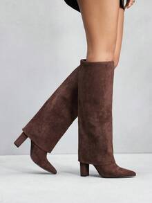 CUCCOO SZL 女士尖头粗高跟靴，棕色 PU 绒面革材质，分层设计，时尚简约，适合日常、派对、活动，侧拉链 - 棕色 - 查看 8