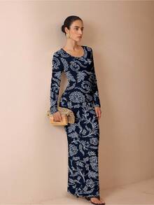 Glamance Shutterstock 藏蓝色复古印花休闲优雅修身弹力连衣裙，适合日常穿着、工作、外出、办公室、旅行、派对、约会等场合，秋冬季外出优雅连衣裙，时尚别致的服装系列 - 彩色 - 查看 7