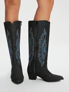 Styleloop Botas de tacón grueso con punta puntiaguda, con cremallera, decoradas con bordados y tachuelas, adecuadas para festivales, exteriores, festivales de música, Halloween, Navidad y fiestas