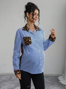 Momance Chemise de maternité à manches longues, col chemise, fermeture à boutons devant, patchwork léopard et rayé