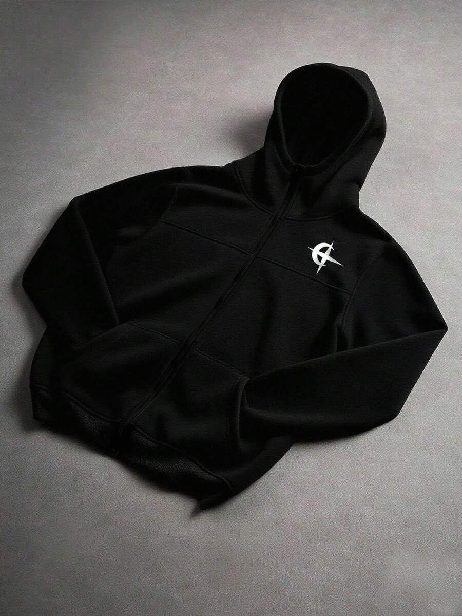 PAVTROS 男士超大款拉链连帽卫衣，舒适街头风都市时尚休闲运动连帽衫，适合秋冬季节，长袖上衣，Y2K风格 - 黑色 - 查看 1
