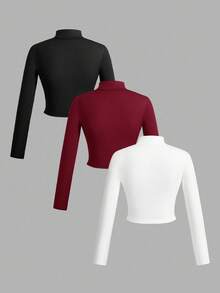 Slaydiva 3 件套女士简约休闲秋冬 V 领弹力半拉链 T 恤，紧身长袖，白色+黑色+灰色 - 彩色 - 查看 2