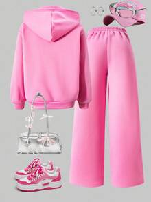 SHEIN Explorewe 2 Stücke/Set Straßen-coole Teenager Mädchen & Teenager Kalifornien Buchstaben & Nummer Grafik Hoodie Sweatshirt und gerade geschnittene Hose, geeignet für Lässig, Sport, Lässig Bekleidung im Herbst/Winter