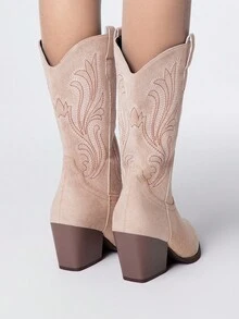 ROMWE Fairycore 女式粗跟尖头刺绣西部牛仔靴，绒面革，秋冬新款时尚户外西部靴 - 卡其色 - 查看 5