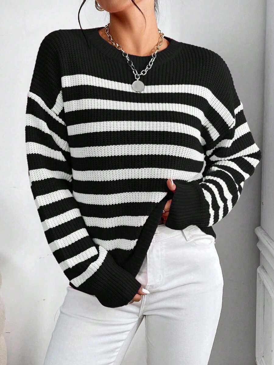 Zielony 女士休闲条纹圆领落肩长袖毛衣，秋季 - 黑色 - 查看 1
