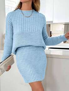 EURMUSE Casual Rib Knit Sweater & Mini Rib Knit Sweater Skirt Co-Ords - Baby Blue - View 6