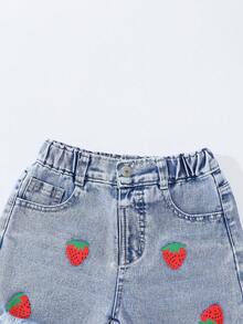 SHEIN ChillGRL 少女浅洗蓝草莓印花阔腿牛仔裤，舒适甜美休闲度假学院风推荐！舒适的浅洗蓝牛仔面料 - 淺色水洗藍 - 查看 6