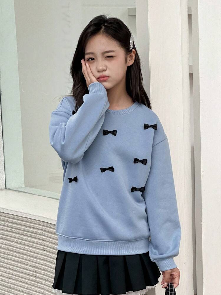 Tween Girls Round Neck Knitted Fleece Sweatshirt With Bow Decor