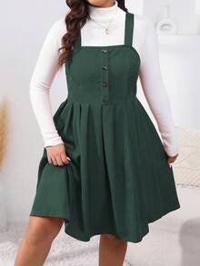 EMERY ROSE Plus Size Women Solid Color Button Half Placket Casual Strap Dress, Autumn - Dark Green - View 1