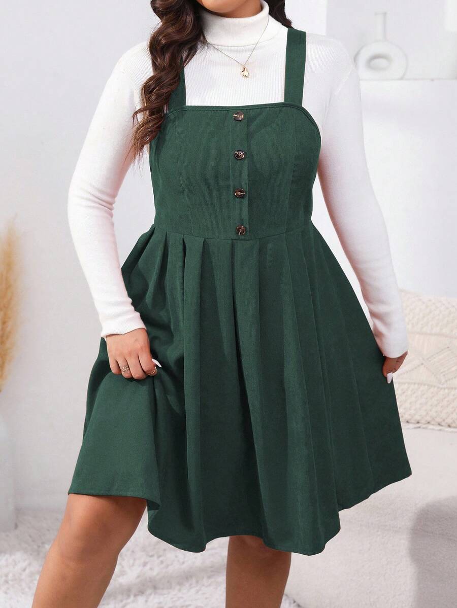EMERY ROSE Plus Size Women Solid Color Button Half Placket Casual Strap Dress, Autumn - Dark Green - View 1