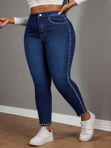 Slaydiva Jeans azules de talla grande con estilo vaquero, cintura elástica y detalles de remaches laterales, para otoño e invierno - Azul lavado oscuro - Ver 3