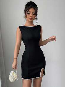 Elenzga Váy mini cổ tròn không tay đan thanh lịch có trang trí ngọc trai giả, dáng ôm, thiết kế xẻ tà, đen/trắng, thích hợp để đi chơi, hẹn hò, tiệc tùng, ngày lễ tình nhân, mùa xuân - màu đen - Xem 3