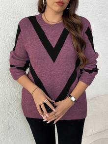 Elenzga Plus Size Women Casual Fashionable Slimming Round Neck Long Sleeve Jacquard Knit Pullover Sweater, Autumn/Winter - Red Violet - View 3