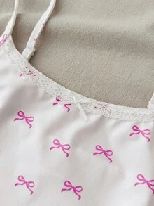 少女春夏情人节家居服，清新少女风/美式风格，蕾丝蝴蝶结白色吊带背心和超短裤纽扣套装，女童睡衣套装，女童夏季睡衣套装，少女睡衣套装，可爱睡衣套装，蝴蝶结睡衣套装，女童夏季睡衣睡衣套装，吊带蝴蝶结两件套，女童夏季套装，可爱睡衣套装，蝴蝶结印花两件套 - 粉色 - 查看 4