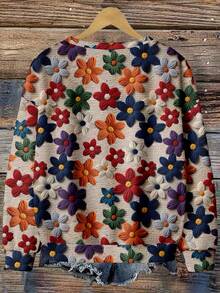 EMERY ROSE Casual Versatile Autumn Maple Leaf Textured Print Plus Size Women Sweatshirt, Suitable For ,Spring - Multicolor - View 2