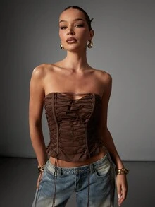 Hauture 女士摩卡棕色交叉系带性感外出紧身胸衣 - 咖啡棕 - 查看 4