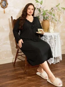 Côtesoire V-Neck Lace Trim Soft & Breathable Ribbed Long Sleeve Casual Nightgown Women Plus Size, Fall & Winter, Cozy Outfit - Black - View 5