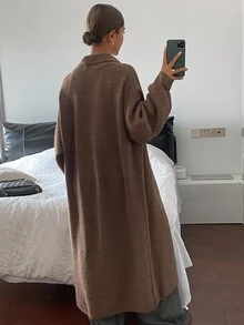 DAZY Women's Solid Color Floral Chiffon Loose High Neck Long Sleeve Long Cardigan, Casual Street Style, Autumn/Winter - Brown - View 2