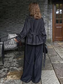 DAZY Women's Denim Jacket With Collar And Belt, Paired With Loose Wide-Leg Denim Pants, 2 Pieces Casual Denim Suit - Dark Wash - View 4