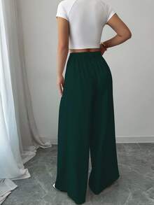 Elenzga 休闲高腰纯杏色裤裙，优雅款式适合日常穿着和工作，复古风适合毕业季、音乐节、德比、独立日 - 墨綠色 - 查看 2