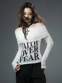 Bloopia 休闲时尚百搭女装秋冬万圣节图案字母印花网眼拼接露肩修身针织上衣 - 白色 - 查看 3