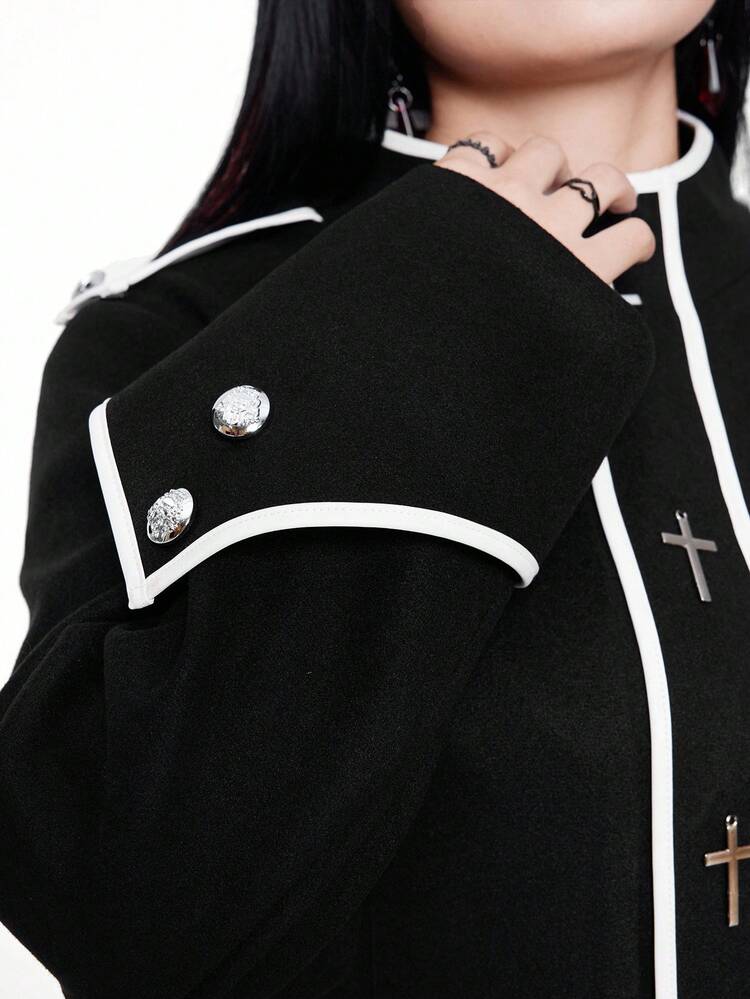 SHEIN Whyspr Casual Punk Plus Size Cross Decor Colorblock Punk Style Long Button Down Coat, Slimming Waist, Autumn/Winter - Black and White - View 3