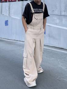 Manfinity Roghcode Men's Khaki Casual Denim Bib Overalls Washed Loose Wide Leg Hiking Going Out For Cargo Overalls - Khaki - View 5