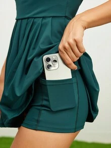 SHEIN Sports Women's Green Criss-Cross Back Pleated Athletic Dress, Tennis Dress - Green - View 5