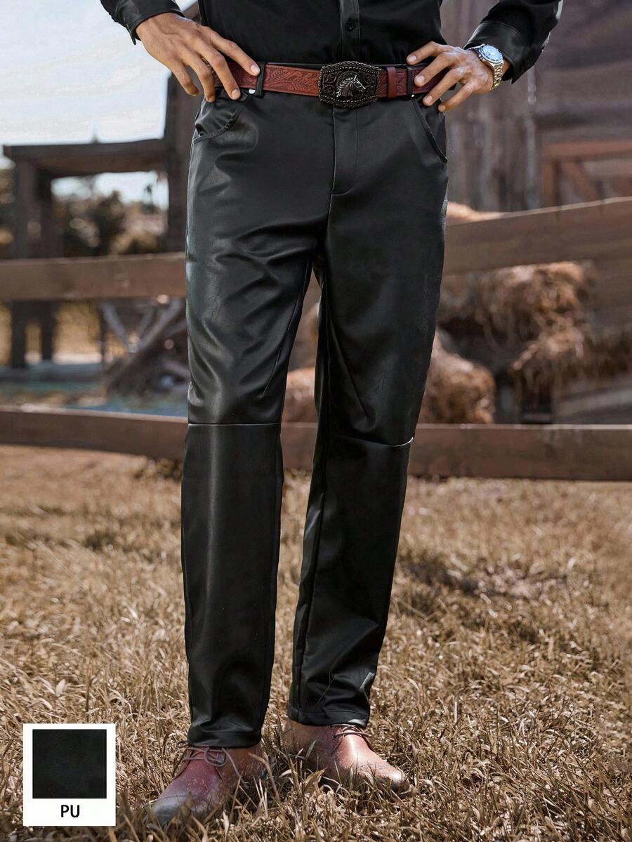 Manfinity Nomadique Men's PU Leather Pants, Versatile Fashion Casual Straight-Leg Trousers, Fall Winter