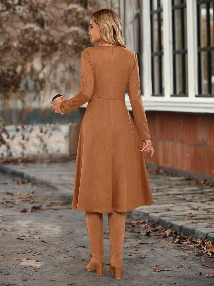 Women's Fall Waisted Long Sleeve Dress, Solid Color, Autumn Brown Halloween Winter Dress