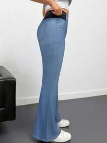 EMERY ROSE ‌Plus Size Women's Stretch Flare Pants - Faux Denim Print Wide Leg Trousers Non-Jeans For Fall Winter Office Halloween Party