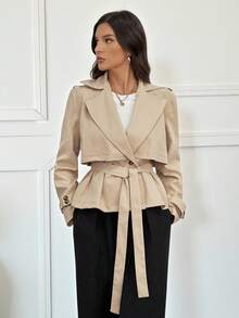 SHEIN Tall 秋冬女士纯色翻领插肩袖短款风衣系腰夹克 - 駝色 - 查看 1