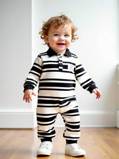 SHEIN 男宝宝休闲条纹翻领连体裤，适合秋冬季外出