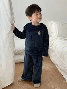 DAZY 2pcs/Set Baby Boys' Comfortable Casual Homewear Set, Round Neck Fall,Winter Thermal Lined Toddler - Navy Blue - View 5