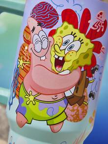 SpongeBob SquarePants | SHEIN 40 Oz / 1000 Ml Cartoon Pattern Gradient Stainless Steel Insulated Cup With Handle And Straw