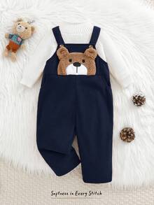 Cozy Pixies 男婴卡通熊图案围兜连体衣，百搭舒适，适合秋冬季