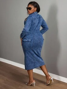 Slaydiva 1 件女士加大码长袖镂空连衣裙，时尚蓝色 - 中等水洗藍 - 查看 3