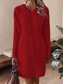 EMERY ROSE 女士休闲纯色连帽长袖针织毛衣裙 - 紅色 - 查看 3