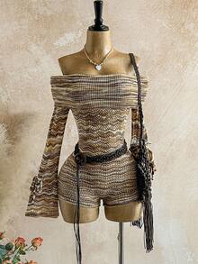 Soleia 女士休闲撞色镂空露肩喇叭袖针织连体裤 - 彩色 - 查看 5