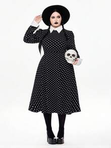 ROMWE Avant Plus Size Women Polka Dot Pattern Cosplay Role-Playing Mid-Length Dress, Slimming - Black and White - View 2