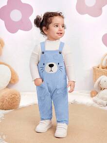 SHEIN Newborn Baby Girl Cute Versatile Corduroy Cartoon Pattern Bib Jumpsuit, Autumn/Winter Fall - Blue - View 8