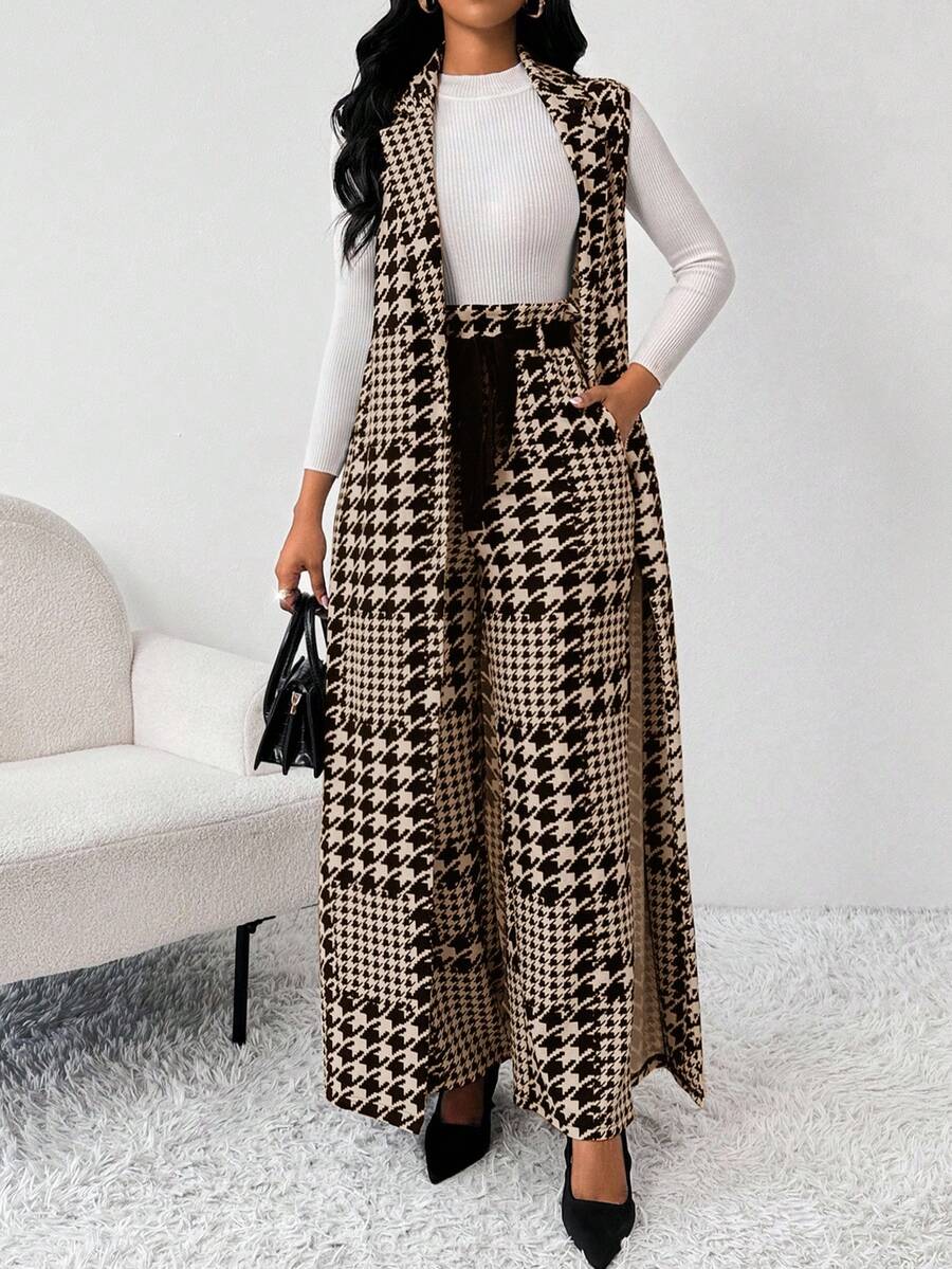 SHEIN Lady Conjunto de traje de mujer de talla grande con chaqueta larga y pantalones de pierna ancha con estampado de pata de gallo - Caqui - Ver 1