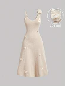SHEIN MOD 淺卡其色3D花卉點綴優雅派對長款貼身連衣裙 - 卡其色 - 查看 1