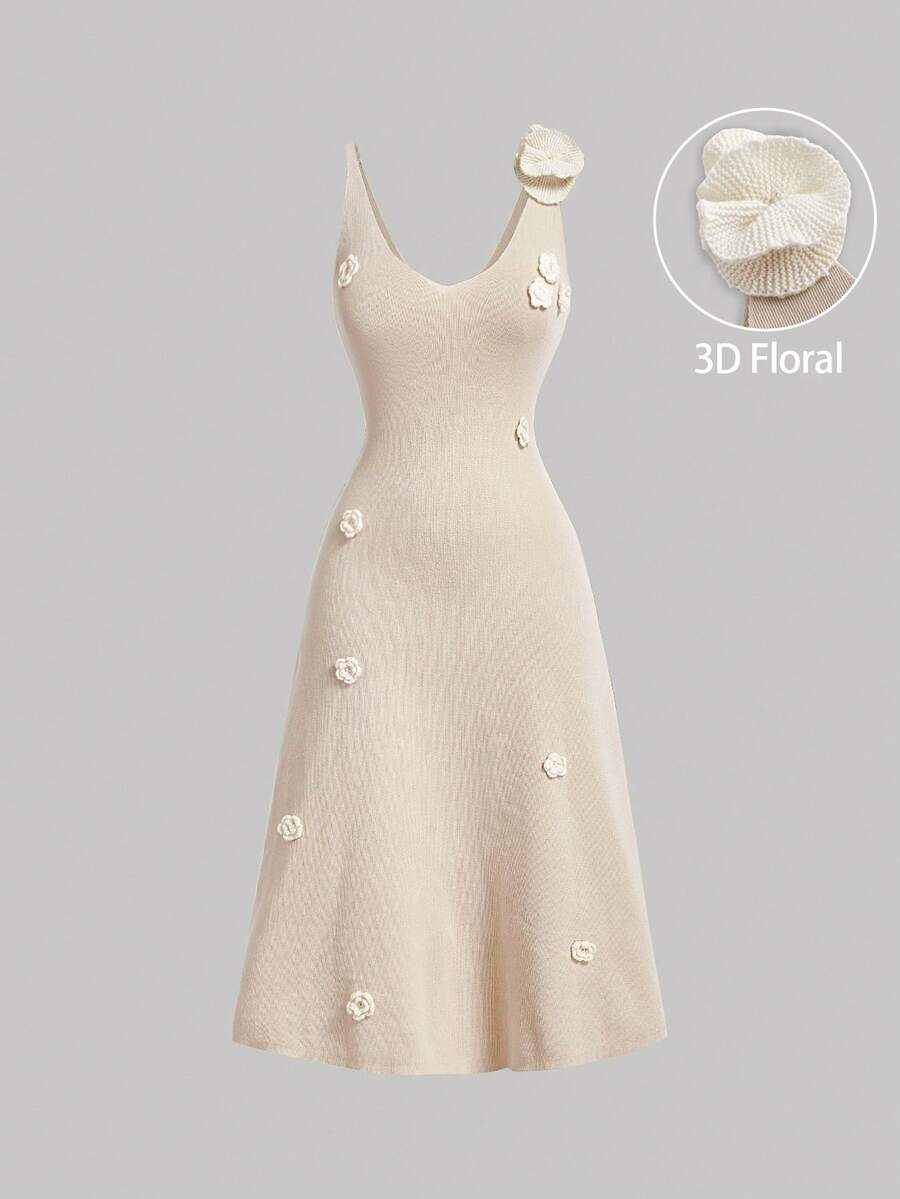 SHEIN MOD 淺卡其色3D花卉點綴優雅派對長款貼身連衣裙 - 卡其色 - 查看 1