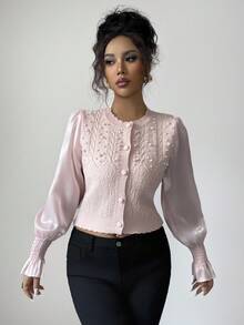 Elenzga 女士纯色珍珠装饰优雅开衫 - 粉色 - 查看 6