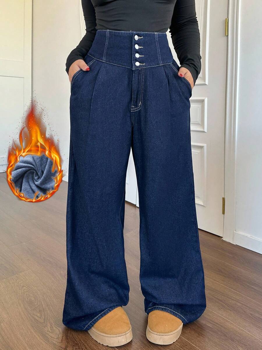 SHEIN Tall CURVE Plus Size Fall Autumn Winter Back To School Homecoming Halloween Christmas Streetwear Birthday Outfit Airport Outfit Business Casual Woman Country Vintage Modest Old Money Business Casual Woman Work Clothes Women Loose Fit Button Front Pocket Wide Leg Casual Jeans Fleece-Lined Blue Jeans Vintage Inspired High Rise Women Jeans In Wide Leg Design For Effortless Chic
